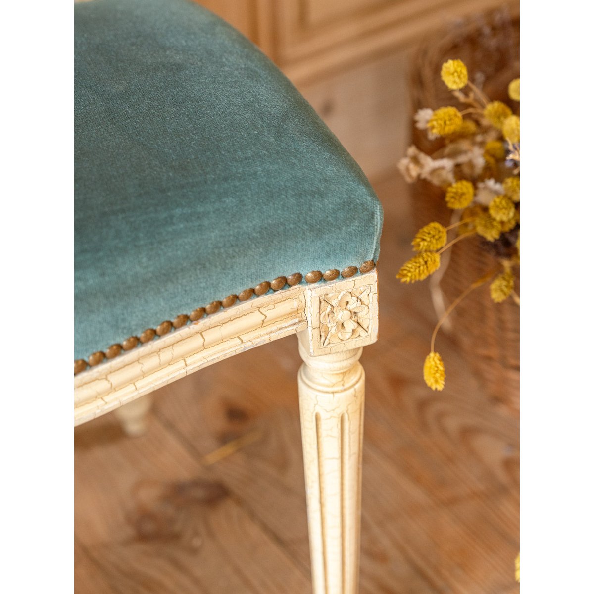 Lot de 6 chaises en bois et tissu bleu Claude N°1463 - Bon état bleu, DEBONGOUT