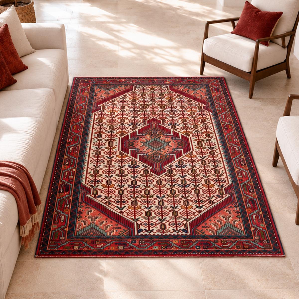Tapis d'orient au motif oriental, noué main en laine naturelle rouge, crème, bleu, UN AMOUR DE TAPIS
