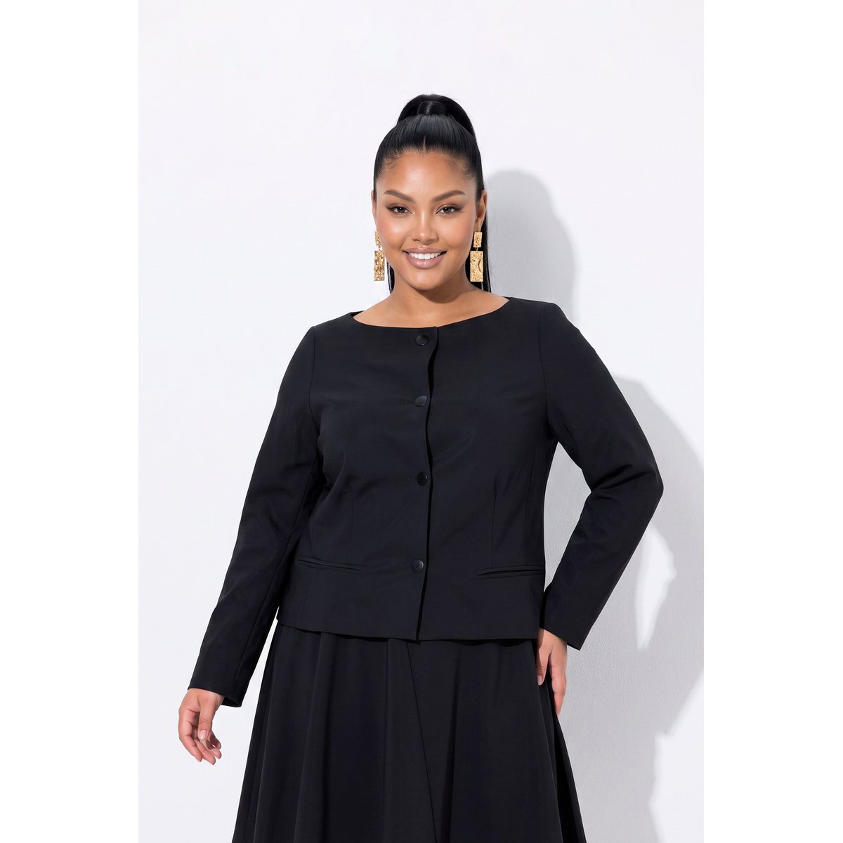 Blazer en techno-stretch au tombé fluide noir, ULLA POPKEN