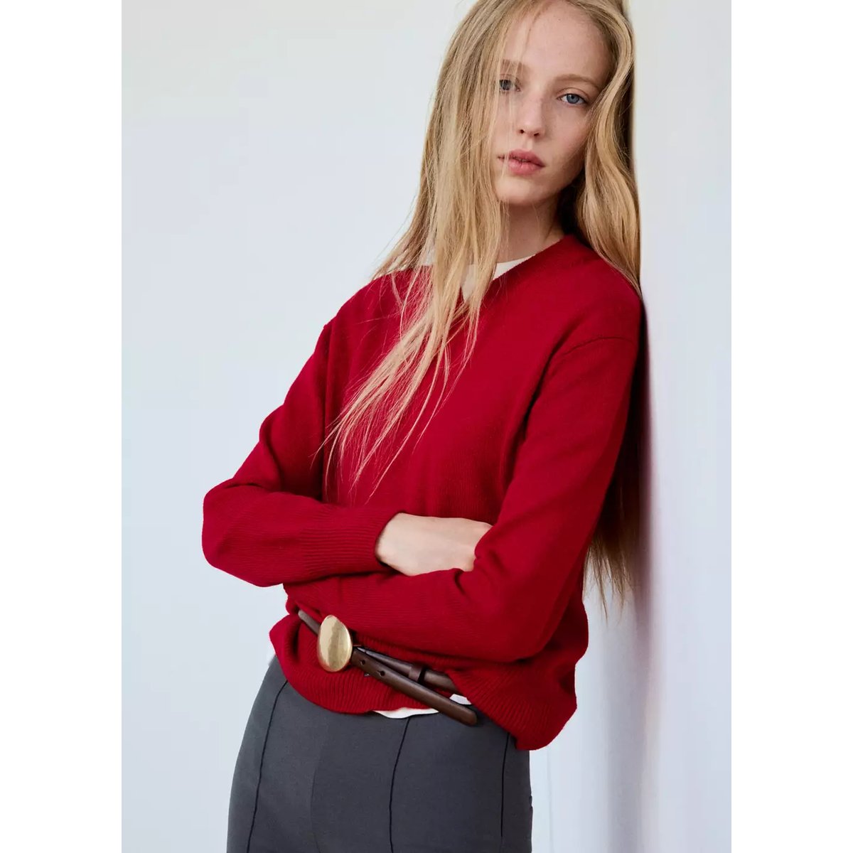 Pull-over maille col en V rouge, MANGO