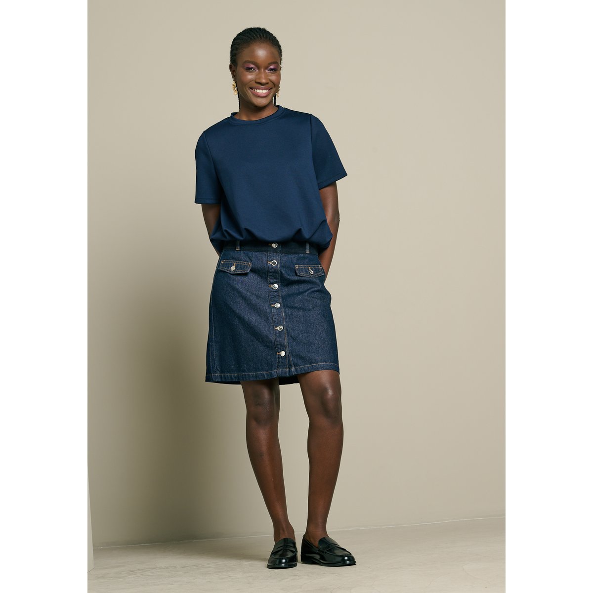 T-shirt col rond effet boule bleu marine, LOLALIZA