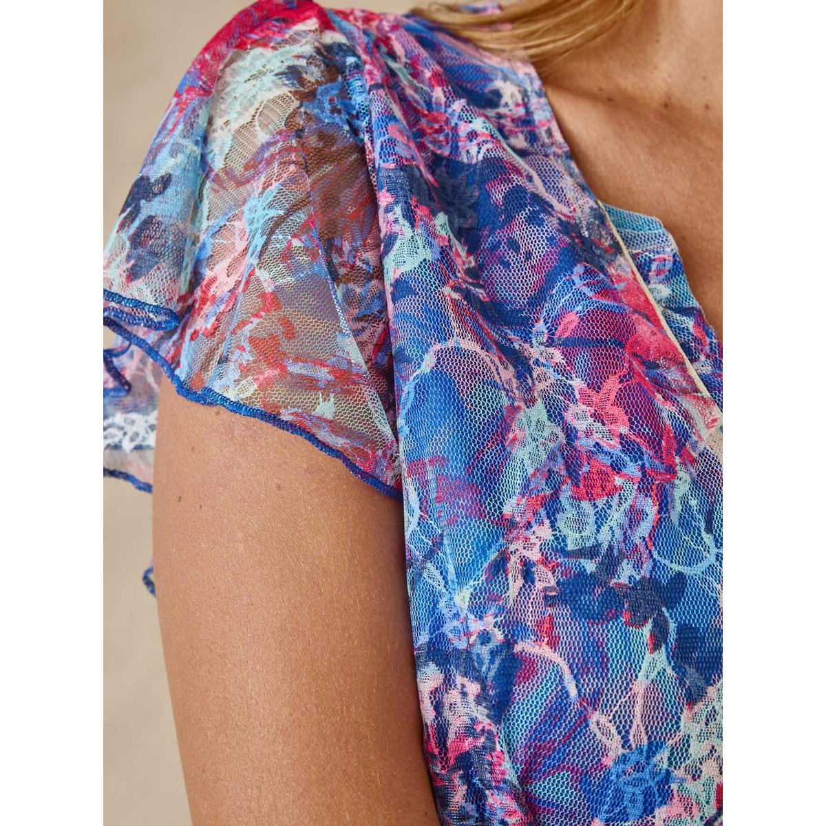 Tee-shirt maille dentelle imprimé bleu, DAXON