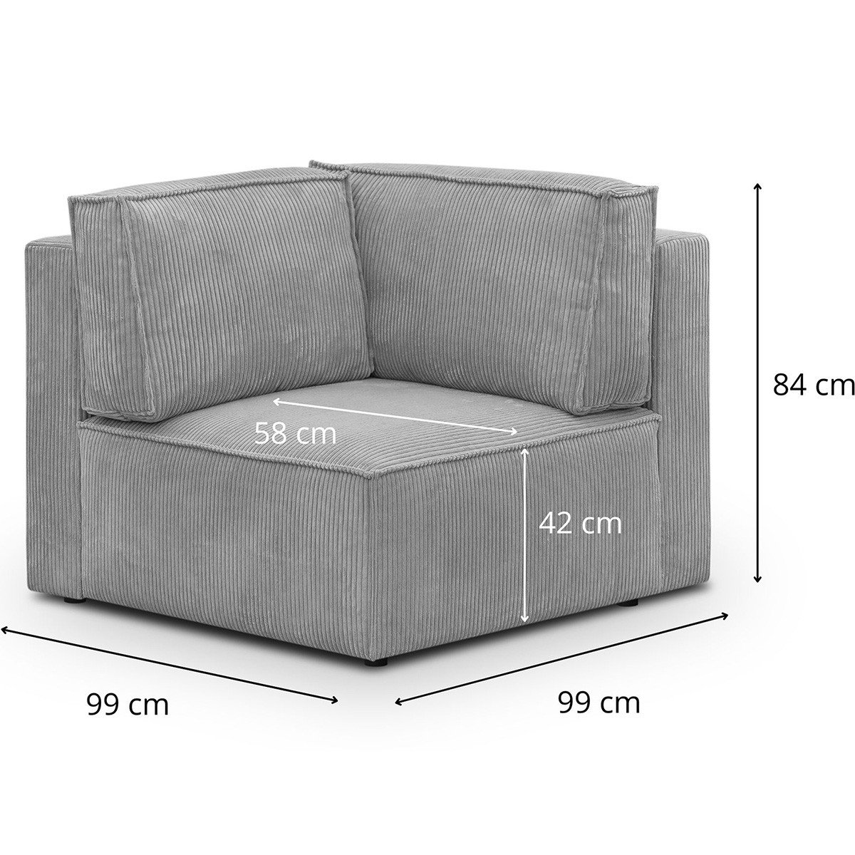Module d'angle à gauche en velours côtelé - HARPER MOD gris clair, HOMIFAB