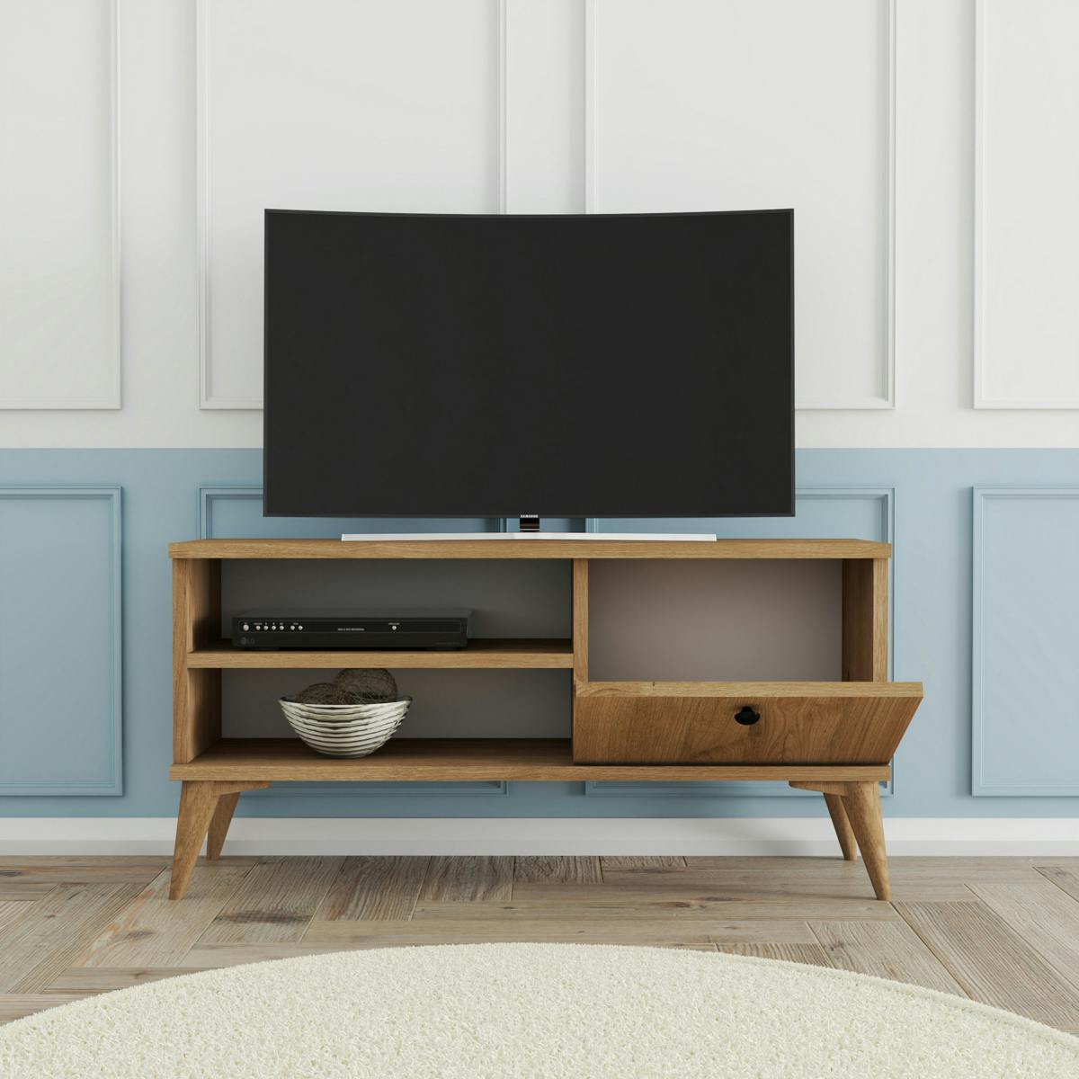 Petit meuble TV scandinave décor bois clair 1 porte UMEA bois naturel, PIER IMPORT