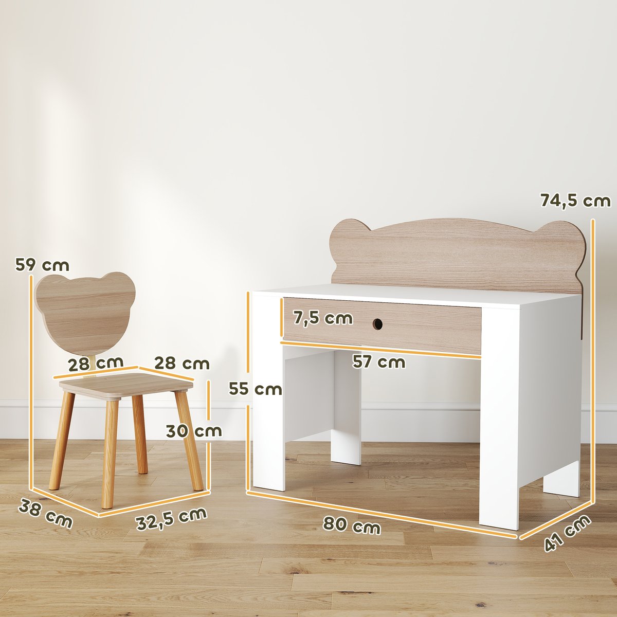 Bureau d'étude pour enfants avec chaise MDF bois naturel et blanc, AIYAPLAY