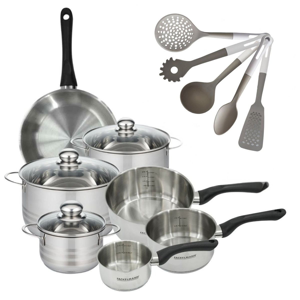 3 faitouts 16/20/24cm + 3 casseroles 12/16/20cm BRILLANT inox|noir, FACKELMANN