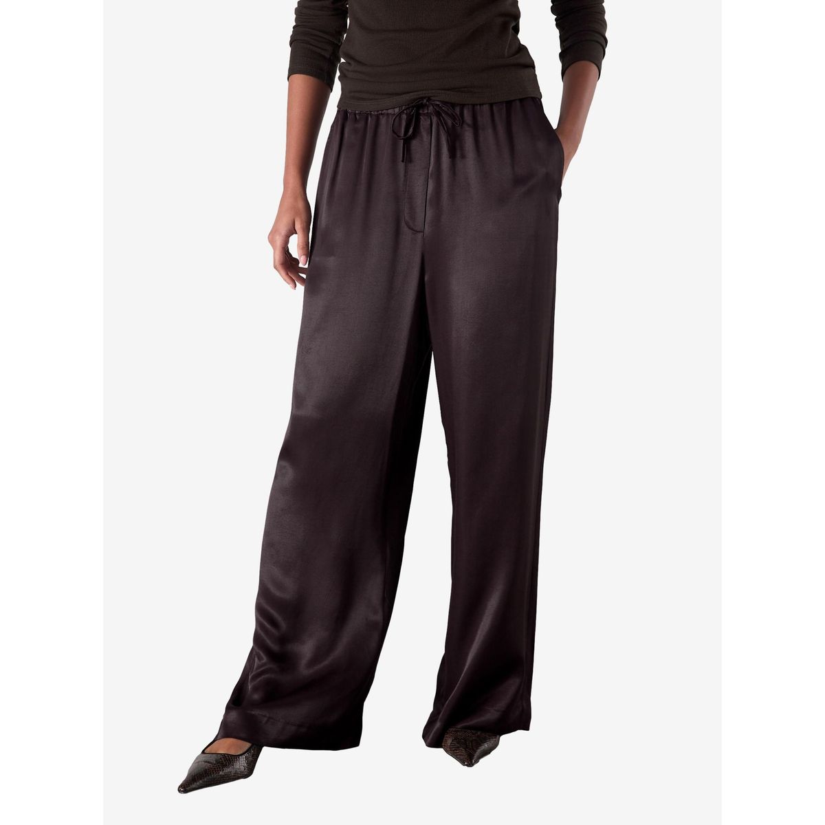Pantalon large en satin à nouer sur la taille marron chocolat, NEXT