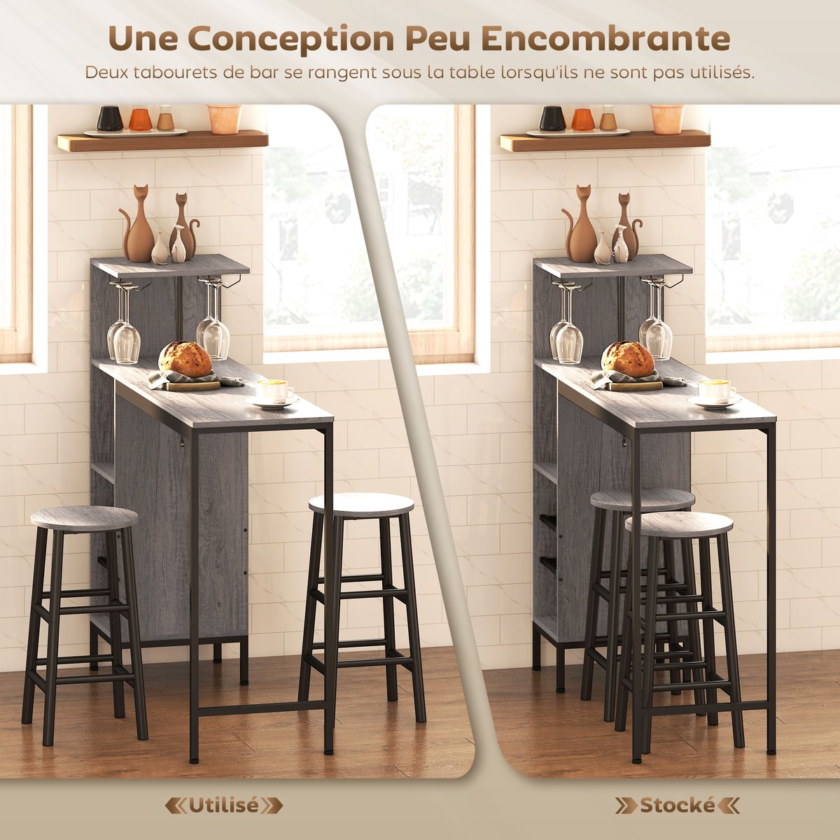 Ensemble de table de bar MDF Bois naturel bois naturel, noir, HOMCOM