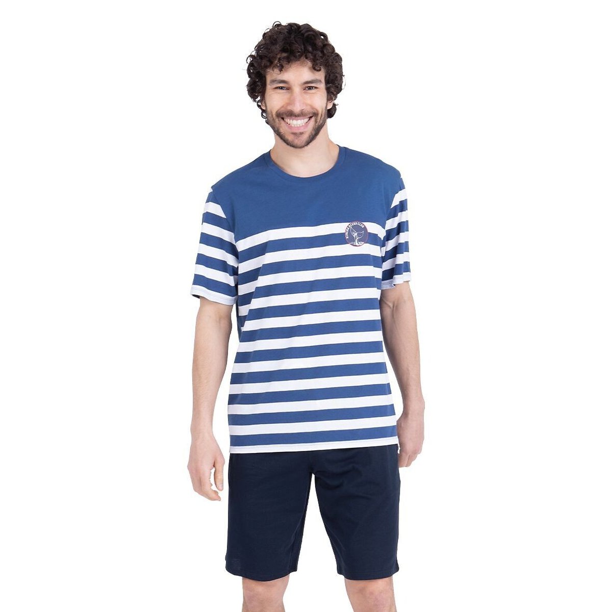 Pyjashort rayé, col rond bleu/bleu marine, ATHENA