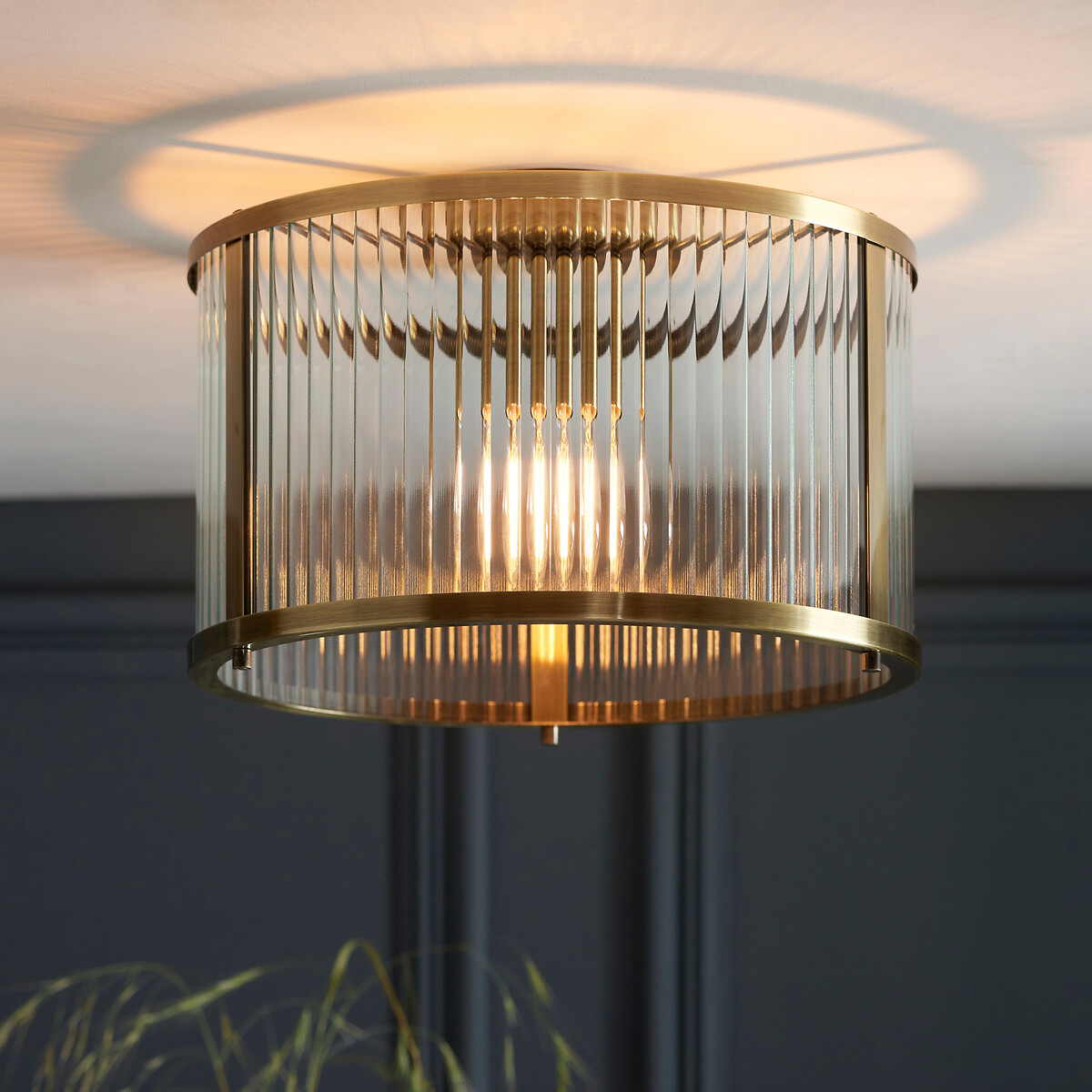 Risto Ribbed Glass Flush Ceiling Light aged brass, SO'HOME