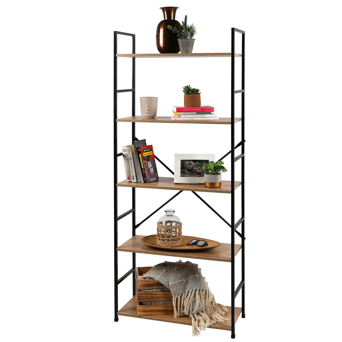 Étagère échelle métal noir et bois 5 étages 58.5x23.5x144cm bois, WADIGA