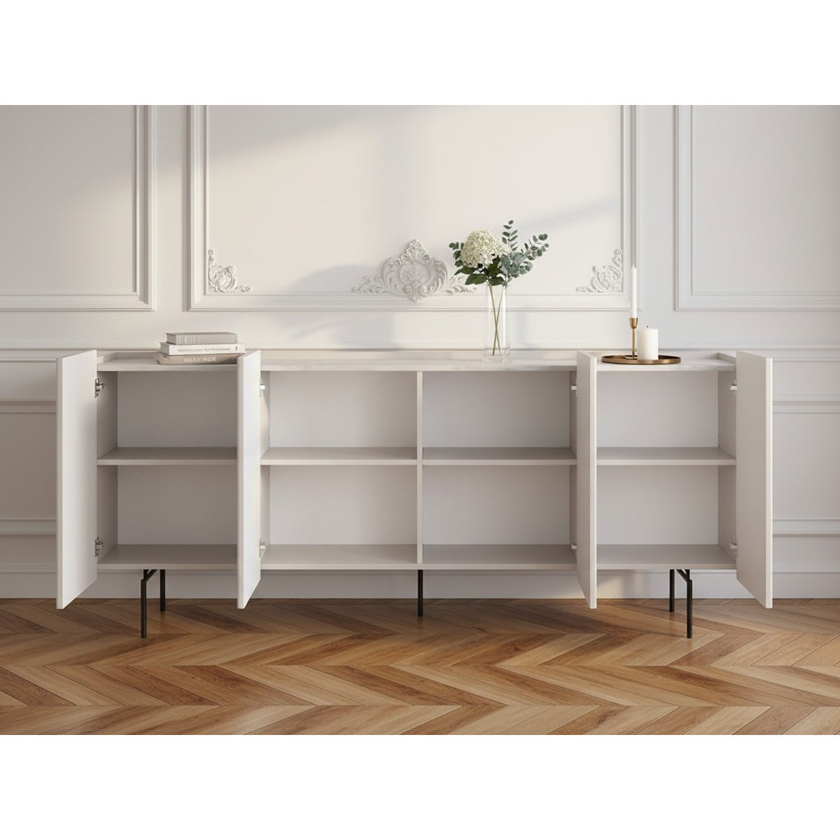 Buffet bas en panneaux de particules et MDF 4 portes 200 cm, MATHILDE beige, BOBOCHIC