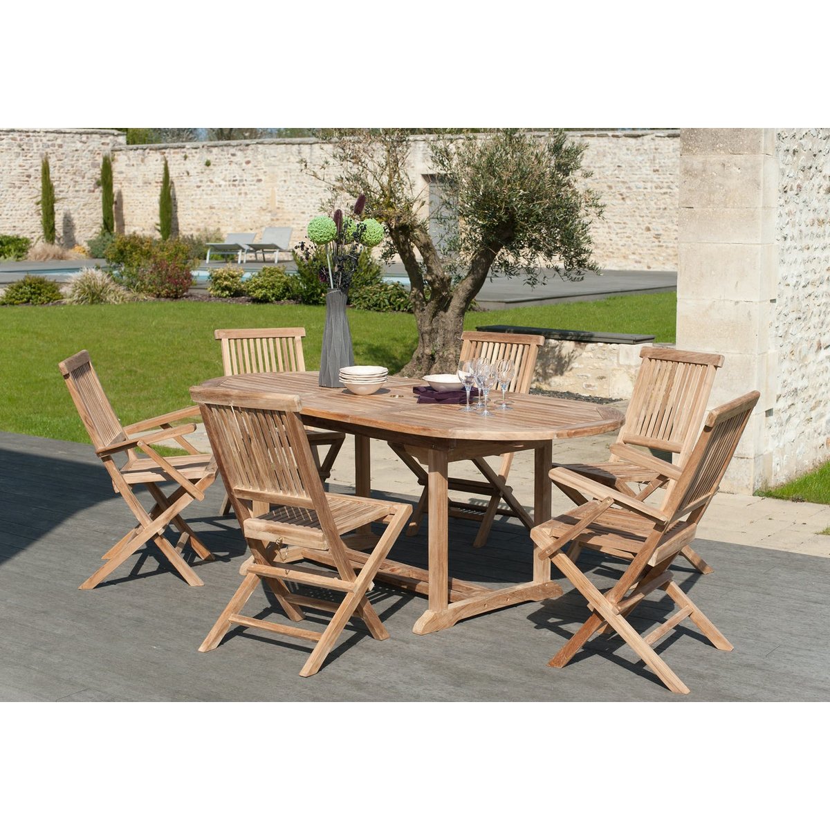 Lot de 2 fauteuils chaises à accoudoirs de jardin pliants en bois de teck brut massif SUMMER bois naturel, PIER IMPORT