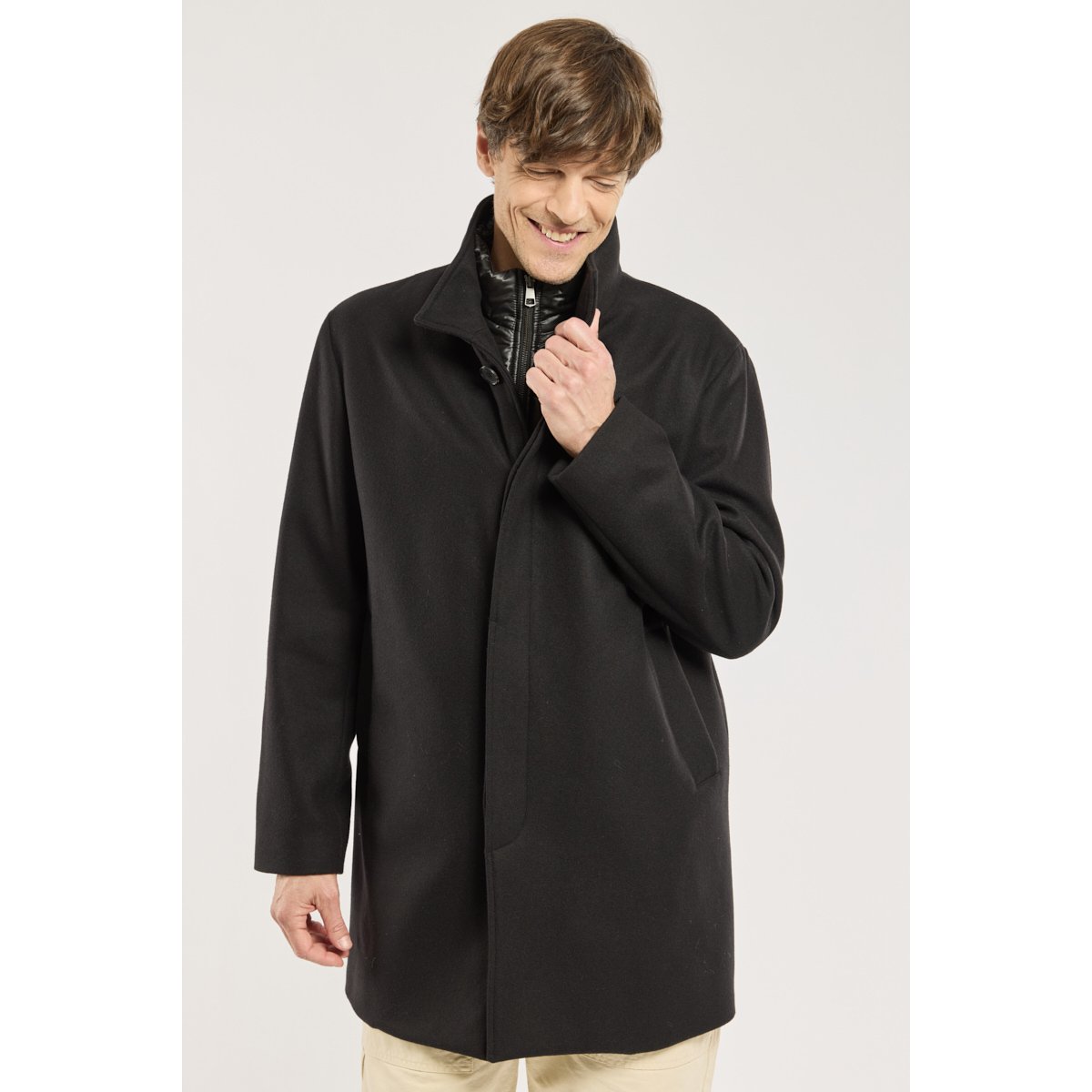 Manteau boutonné en drap de laine noir, ARMOR-LUX