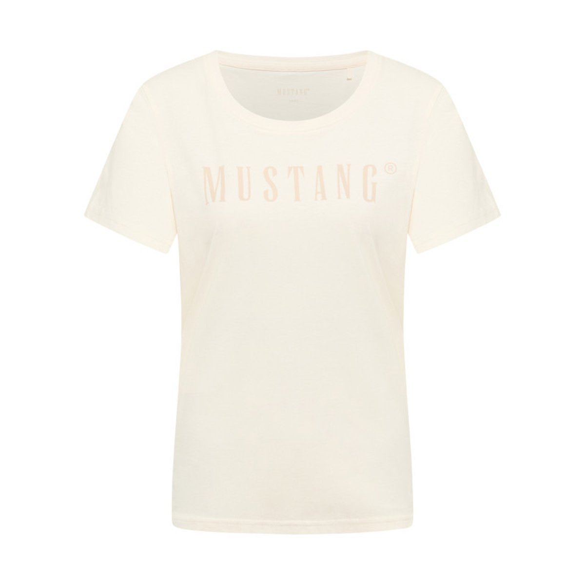 T-shirt en coton écru uni pourvu d'une coupe droite et d'un col rond beige, MUSTANG