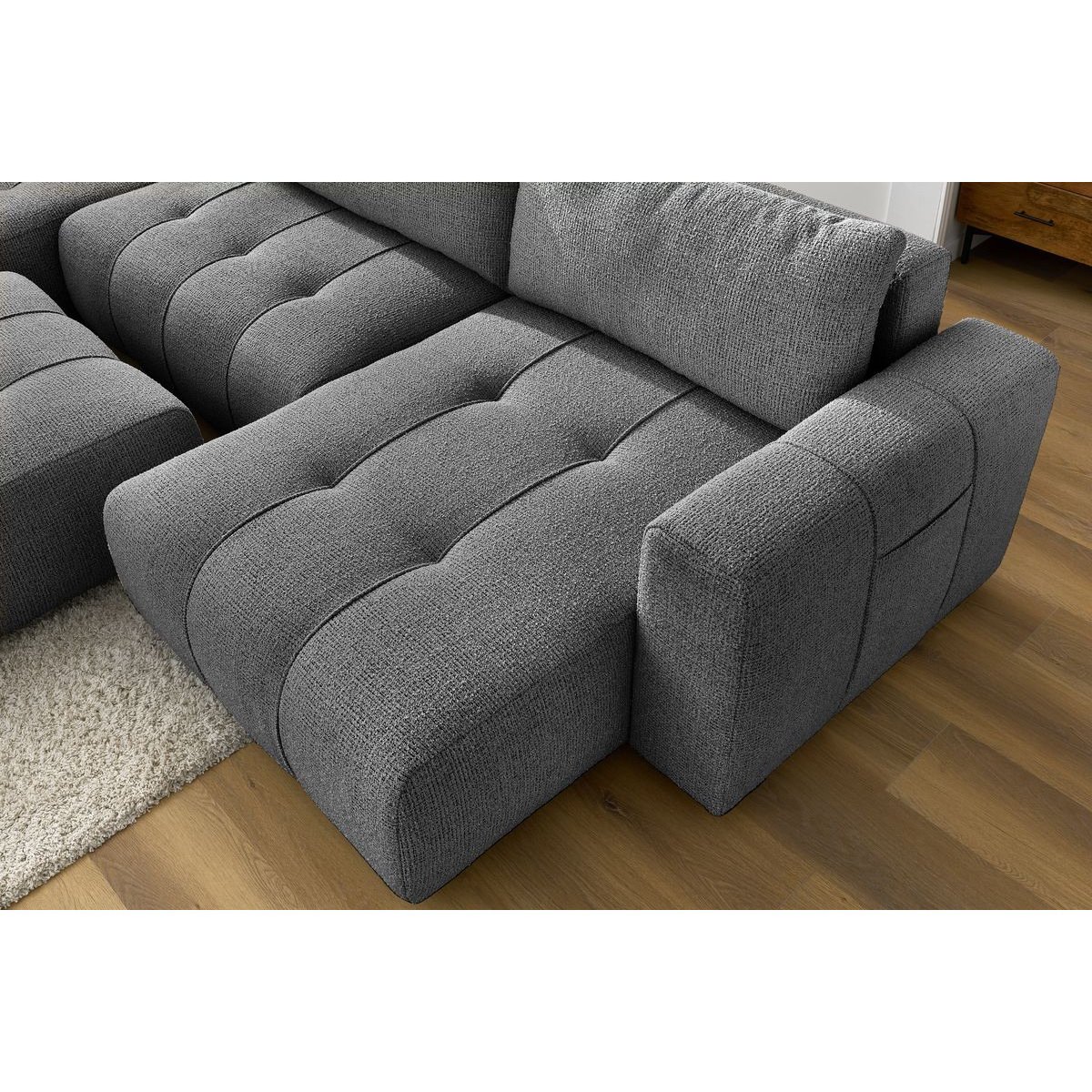 Canapé panoramique convertible 6 places en tissu chiné avec pouf, ARSENE gris foncé, BOBOCHIC