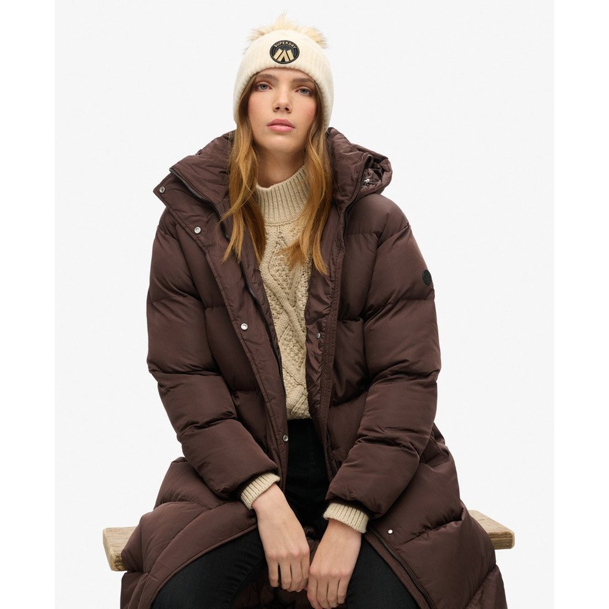 Bonnet en maille torsadée Luxe grège blanc, SUPERDRY