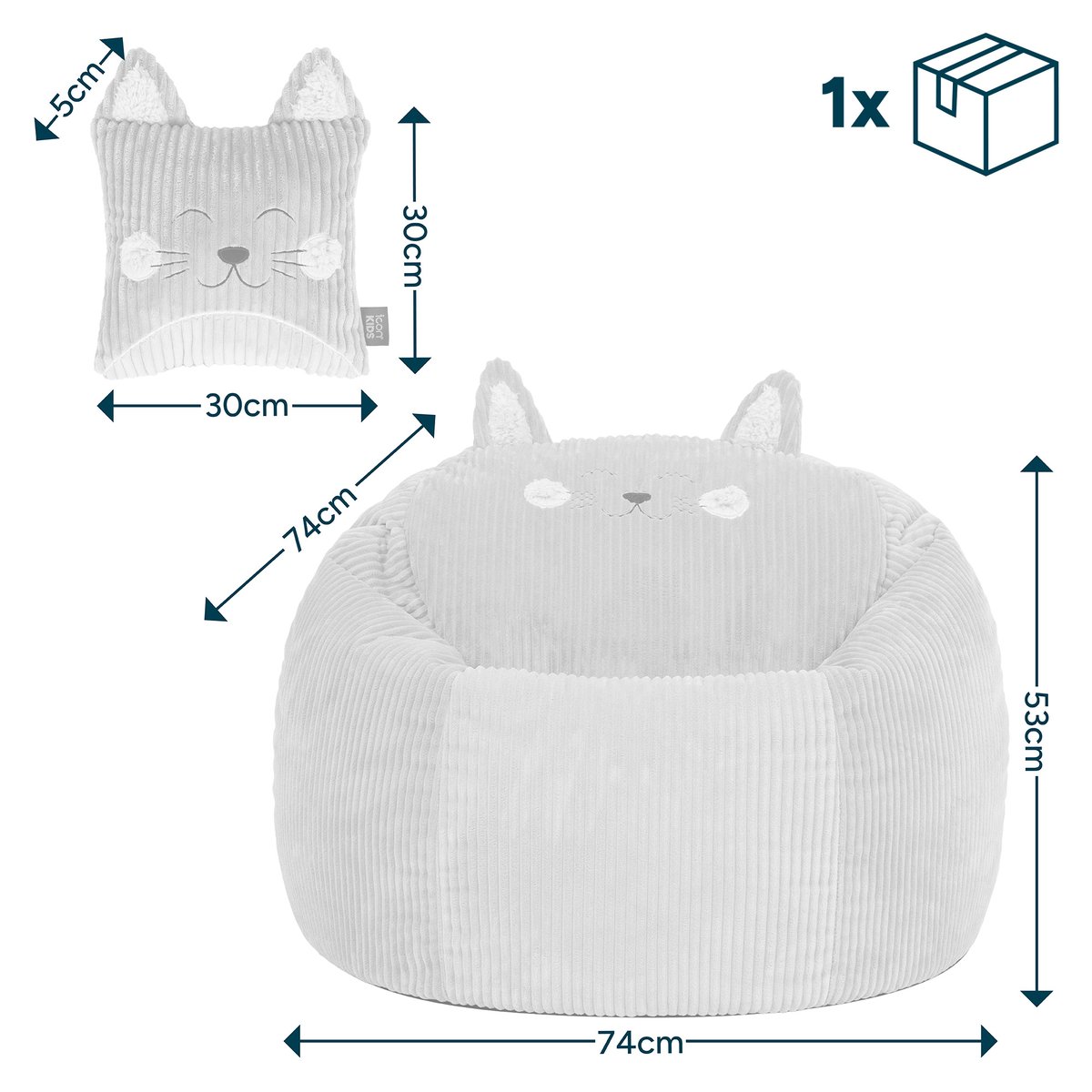 Pouf poire animal pour enfant avec coussin en velours côtelé Oeko-Tex® rose chat, ICON