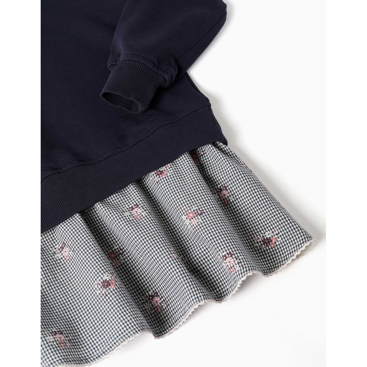 Robe bi-matière en coton avec motif Vichy bleu foncé, ZIPPY