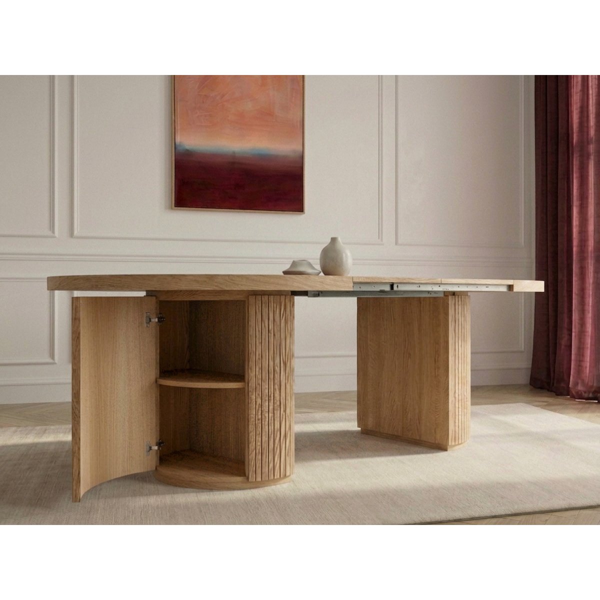 Table à manger ronde extensible 120 à 204 cm PRADO placage chêne massif avec rangements marron clair, BOBOCHIC
