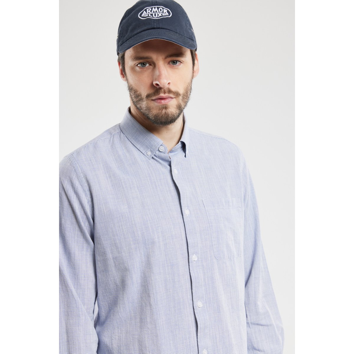 Chemise fines rayures en coton milleraie marine/milk, ARMOR-LUX