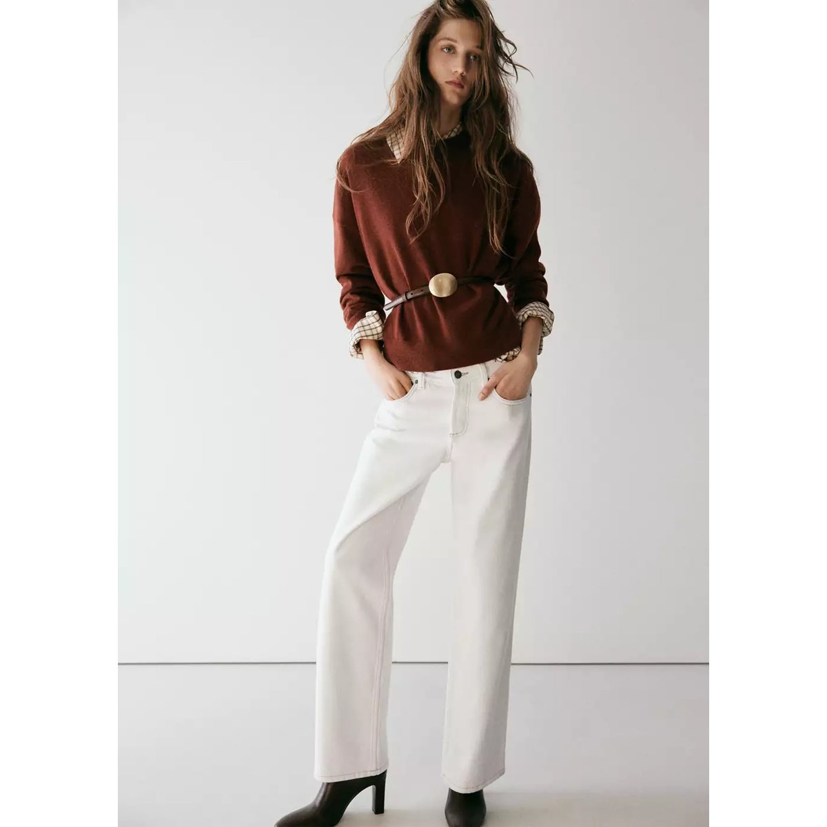 Jean droit taille basse blanc cassé, MANGO