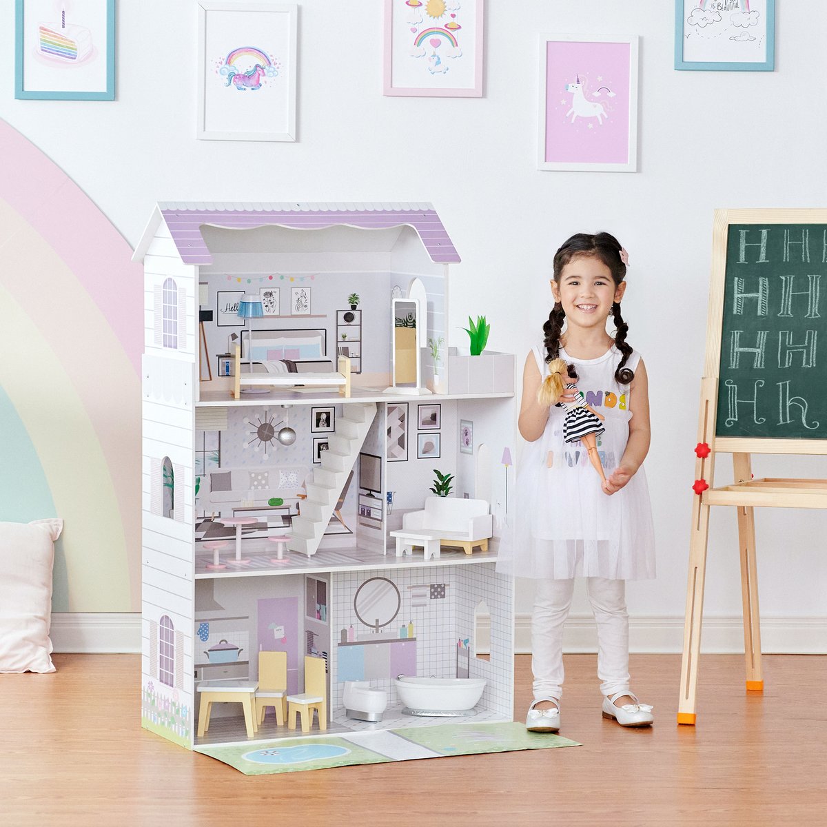 Maison Poupée 3 étages avec 16 accessoires, Bois, DREAMLAND blanc, TEAMSON KIDS