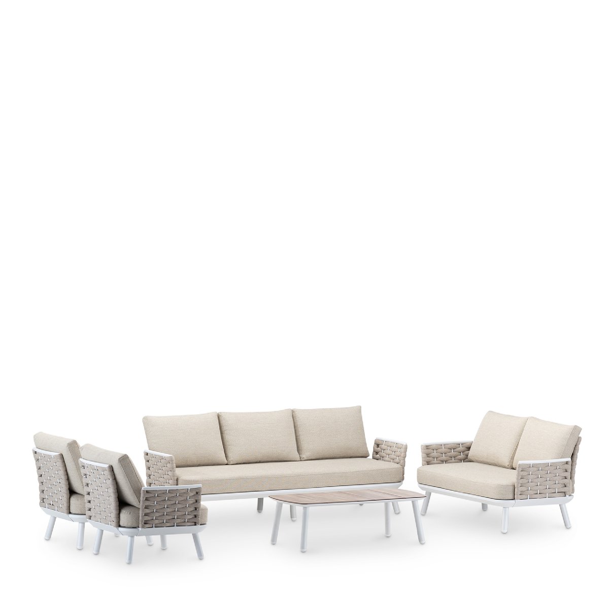Salon de jardin 7 places, MATILDA blanc, coussin beige, DEFORA HOME