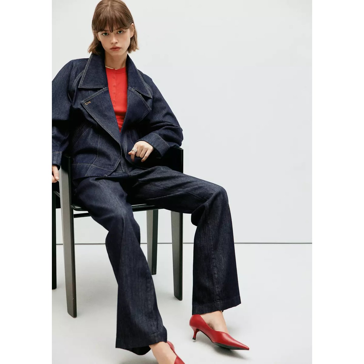 Pantalon en denim taille mi-haute bleu, MANGO