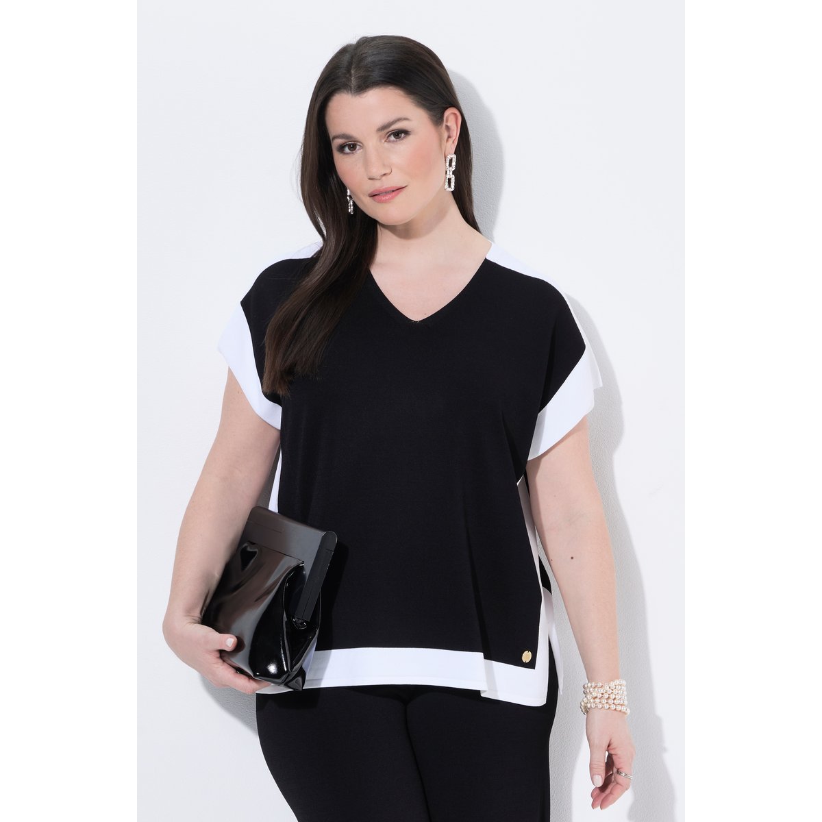 Pull-over, design color block, col en V noir, ULLA POPKEN