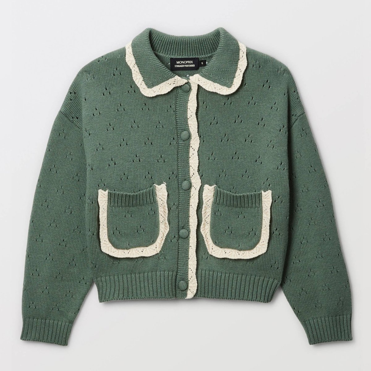 Cardigan ajouré détails dentelle meleze, MONOPRIX