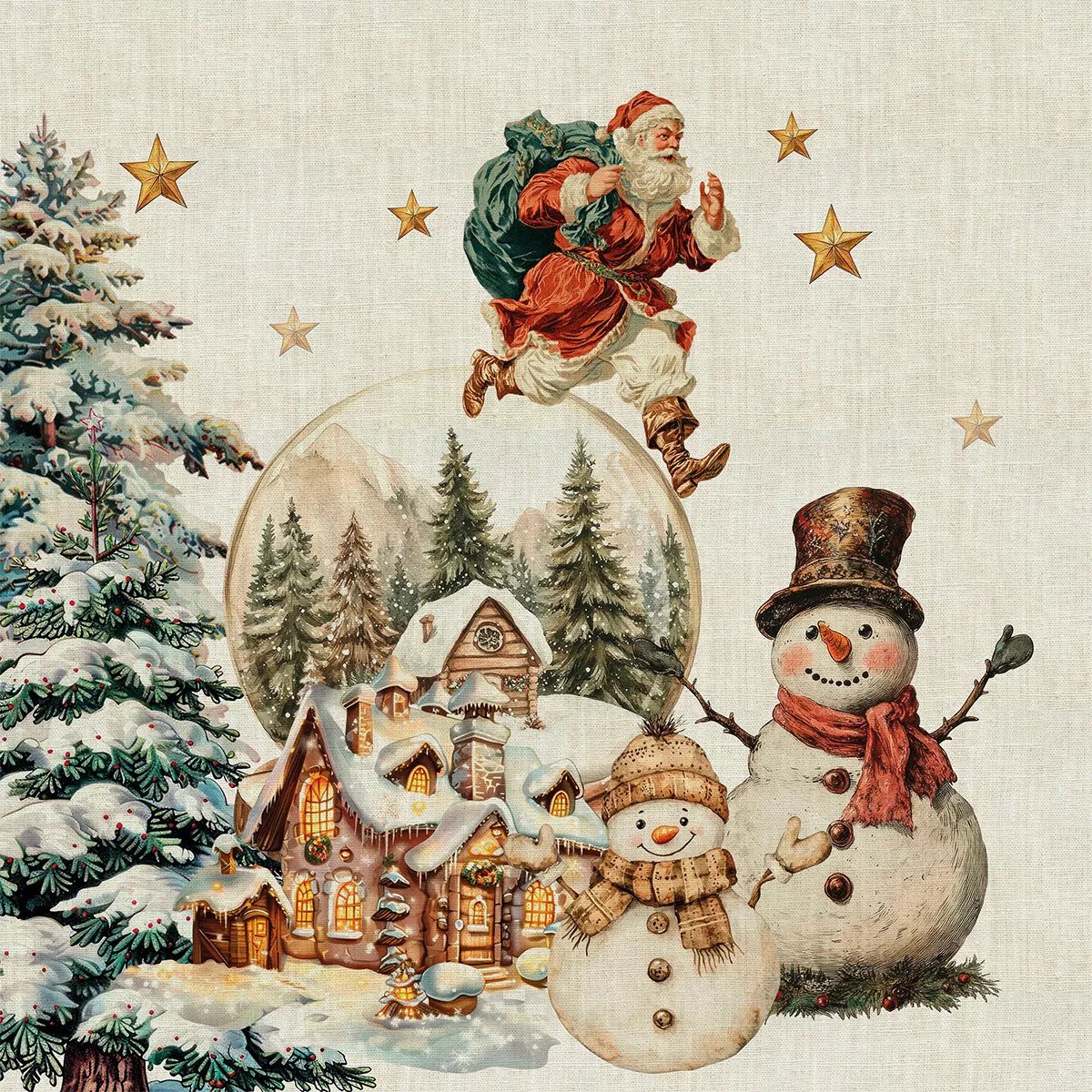 Serviette lin & coton lavé BONHOMMES DE NEIGE vintage, GARNIER THIEBAUT