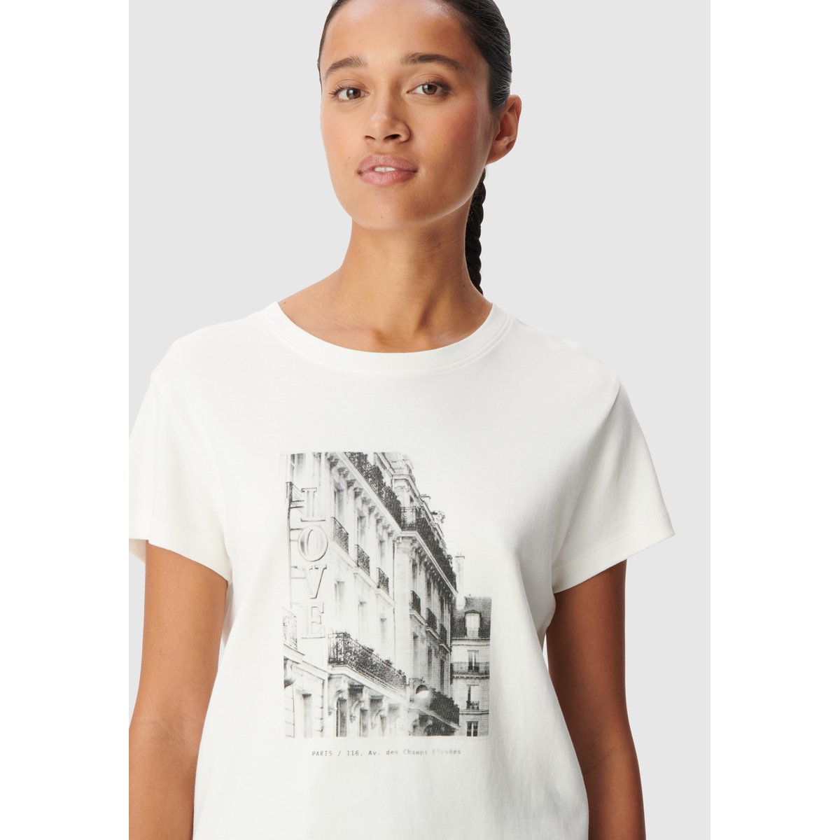 Tee-shirt col rond visuel immeuble blanc cassé, IKKS