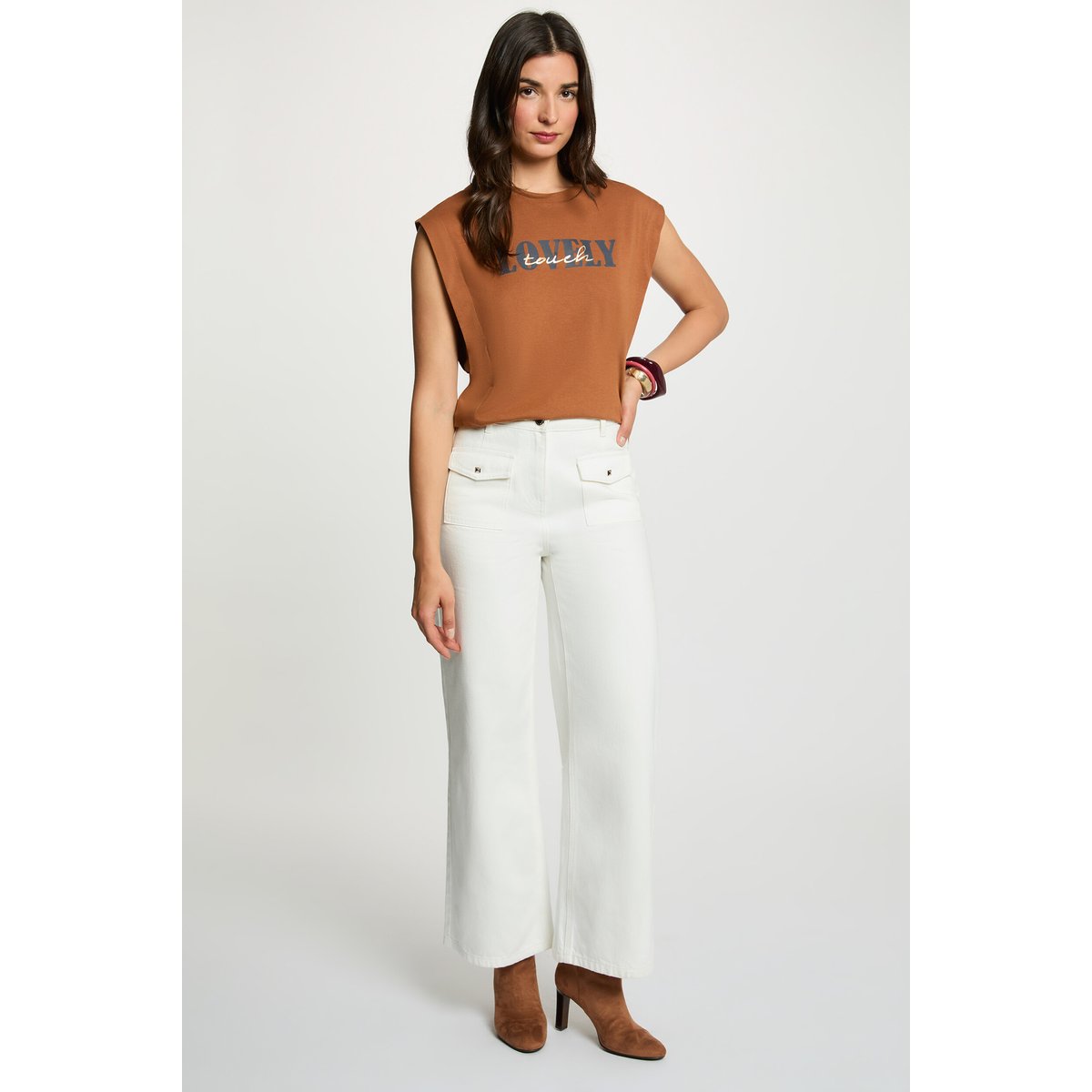 T-shirt droit col rond camel, MORGAN