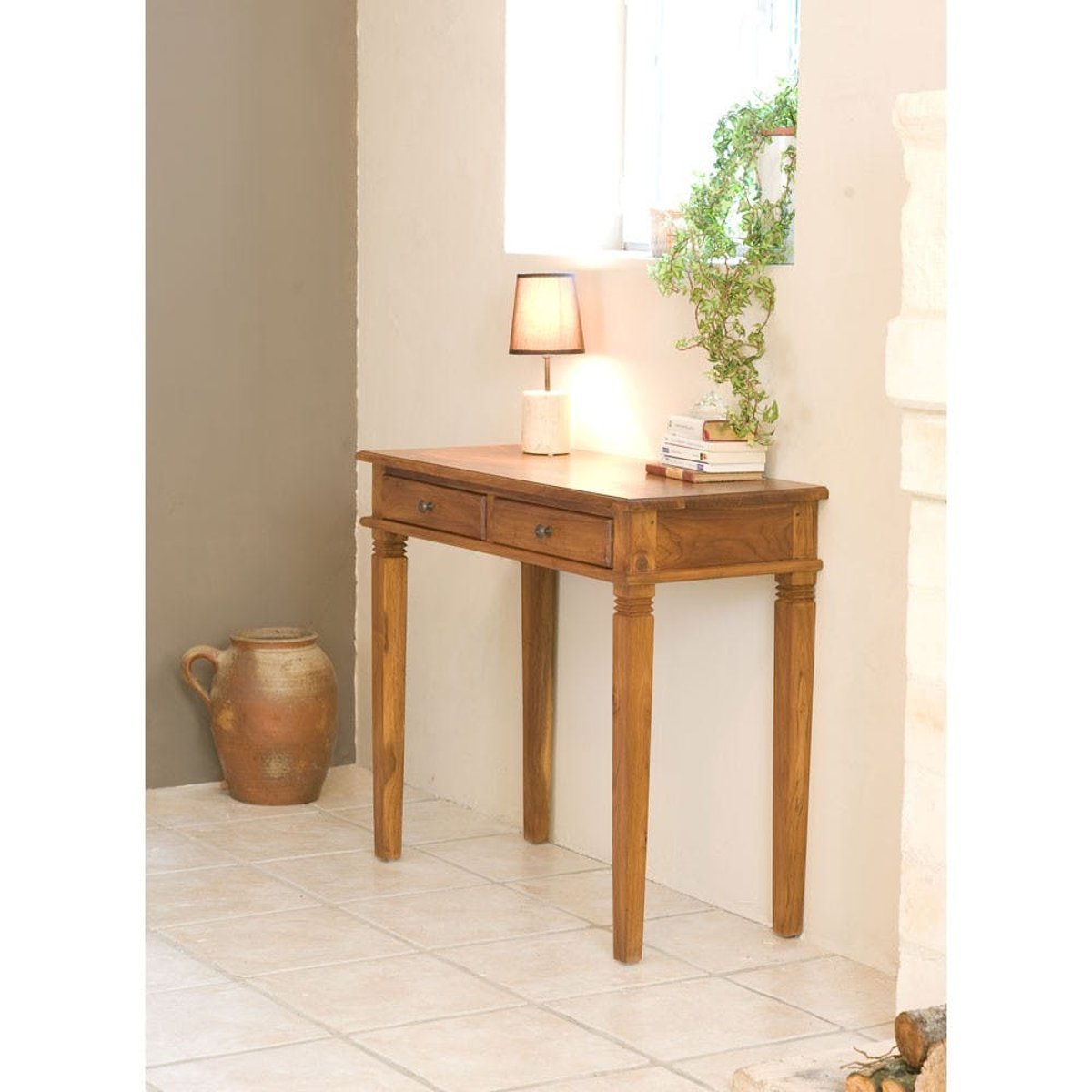 Bureau console colonial Teck Miel 90cm BISHO bois naturel, PIER IMPORT