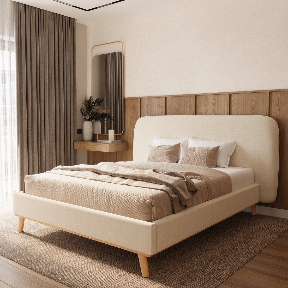 Lit double 160x200 cm en tissu - MODJO gris/beige, MAISON PAVANE