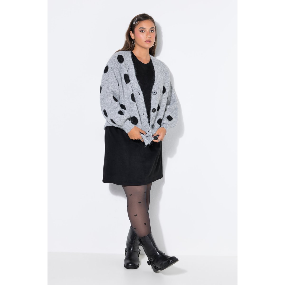 Cardigan, coupe oversize, à pois gris clair chiné, STUDIO UNTOLD