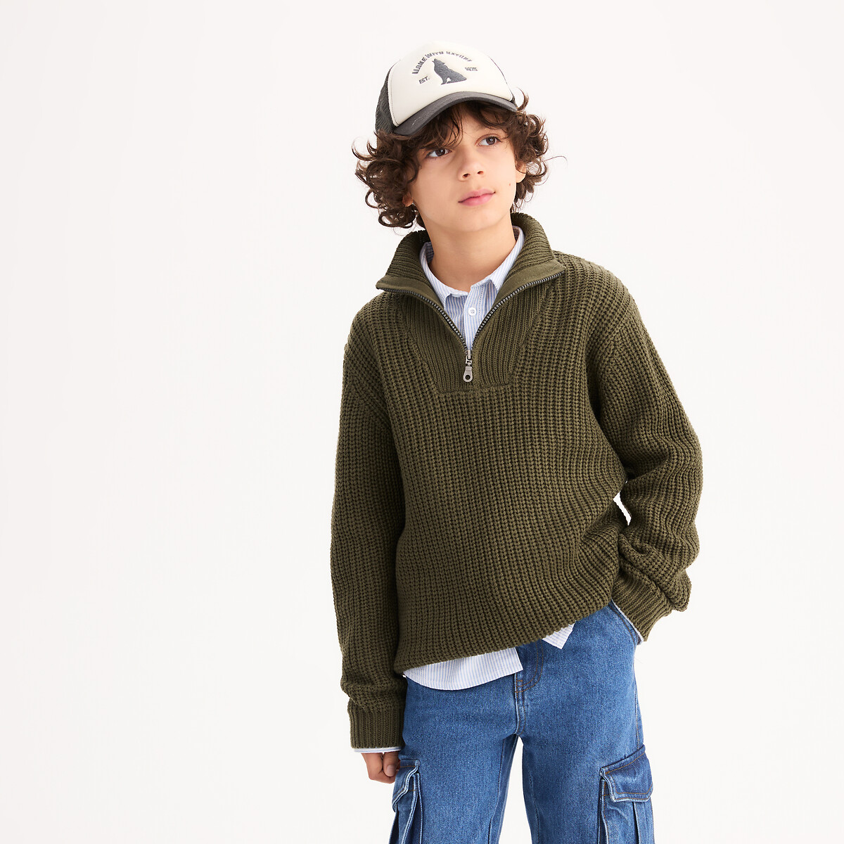 Pull col montant zippé en grosse maille vert kaki, LA REDOUTE COLLECTIONS