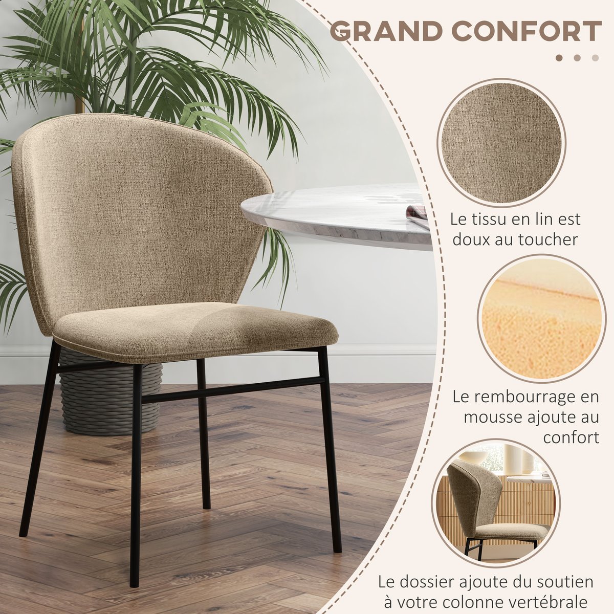 Chaise de salle à manger Lin (100% polyester) marron clair, HOMCOM