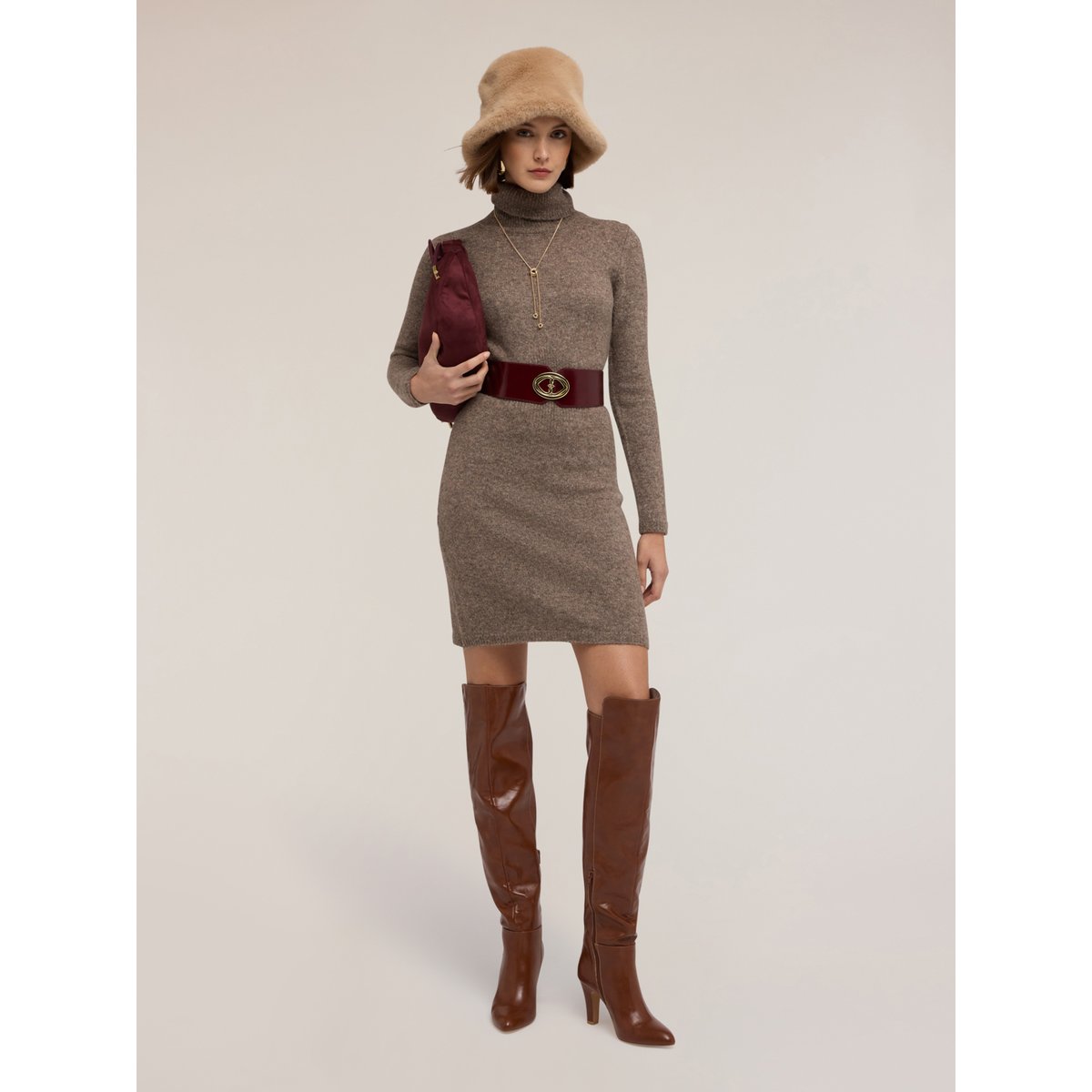 Robe fourreau en maille mélangée laine marron, MOTIVI