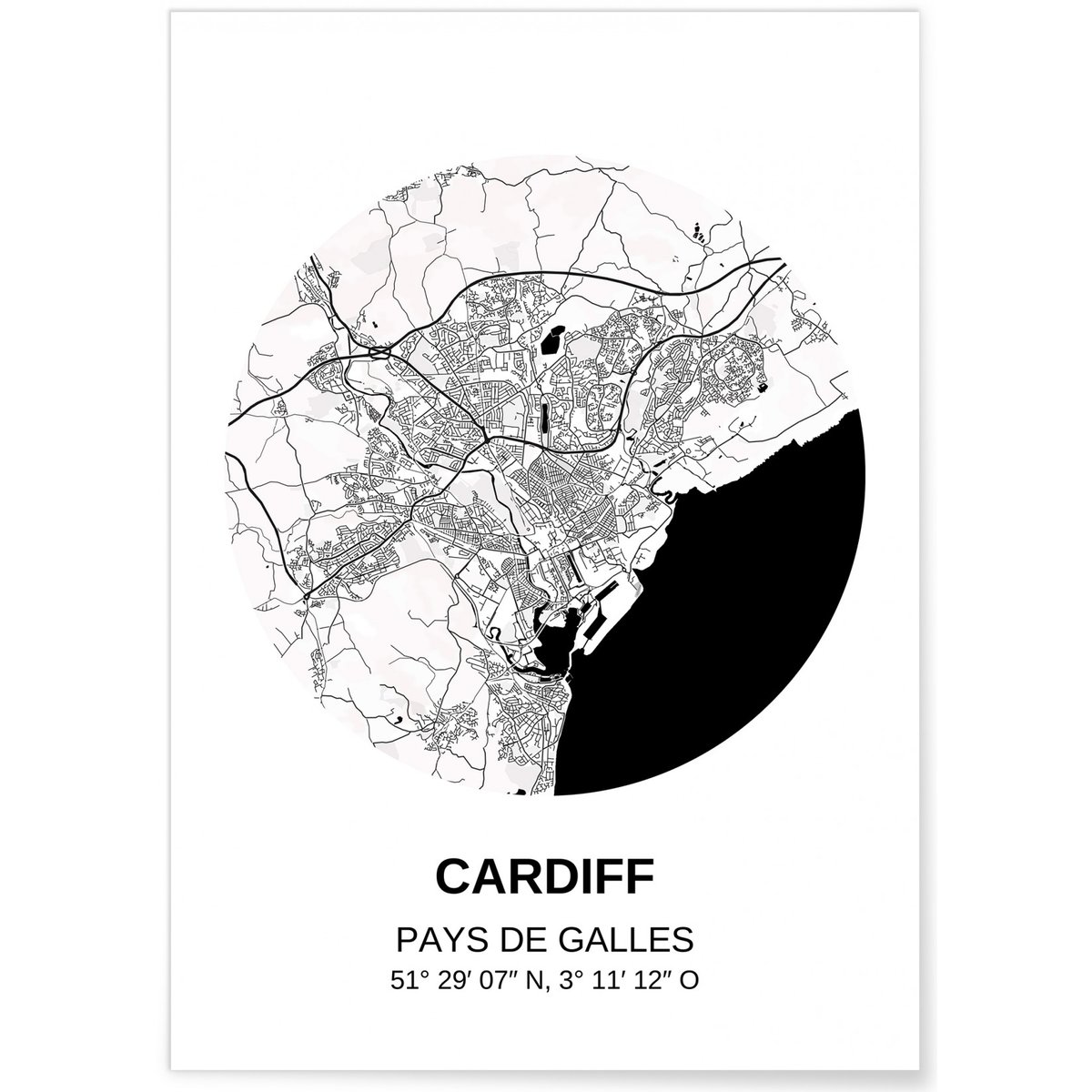 Affiche Carte Cardiff blanc, L'AFFICHERIE