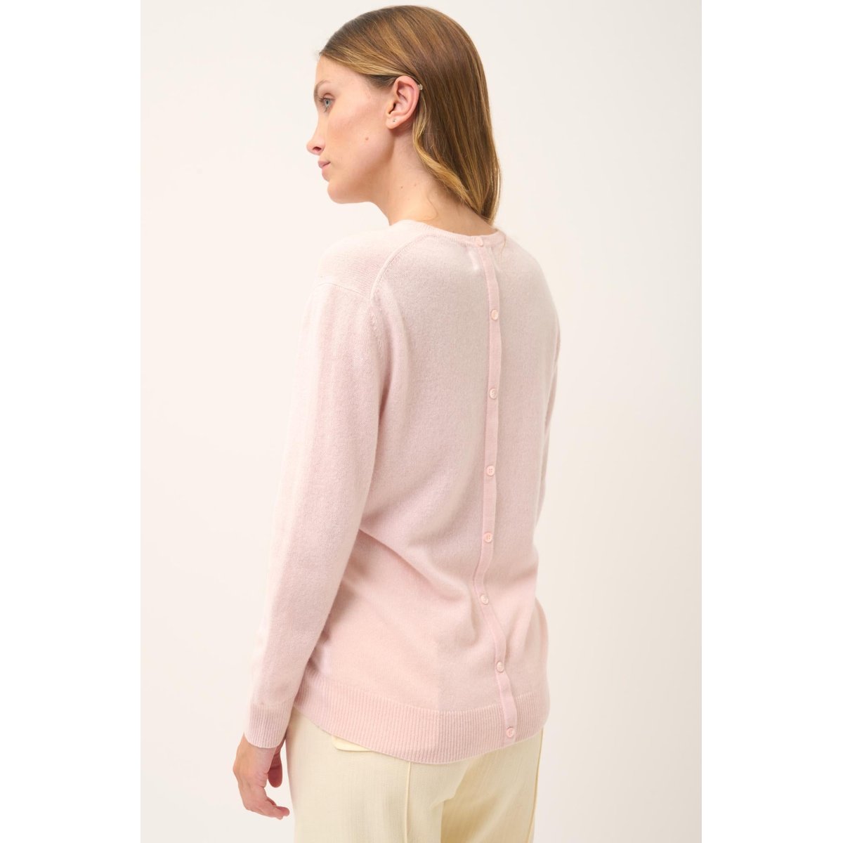 Pull Col Rond Boutonné Dos Poudre Janice rose clair, JUST CASHMERE