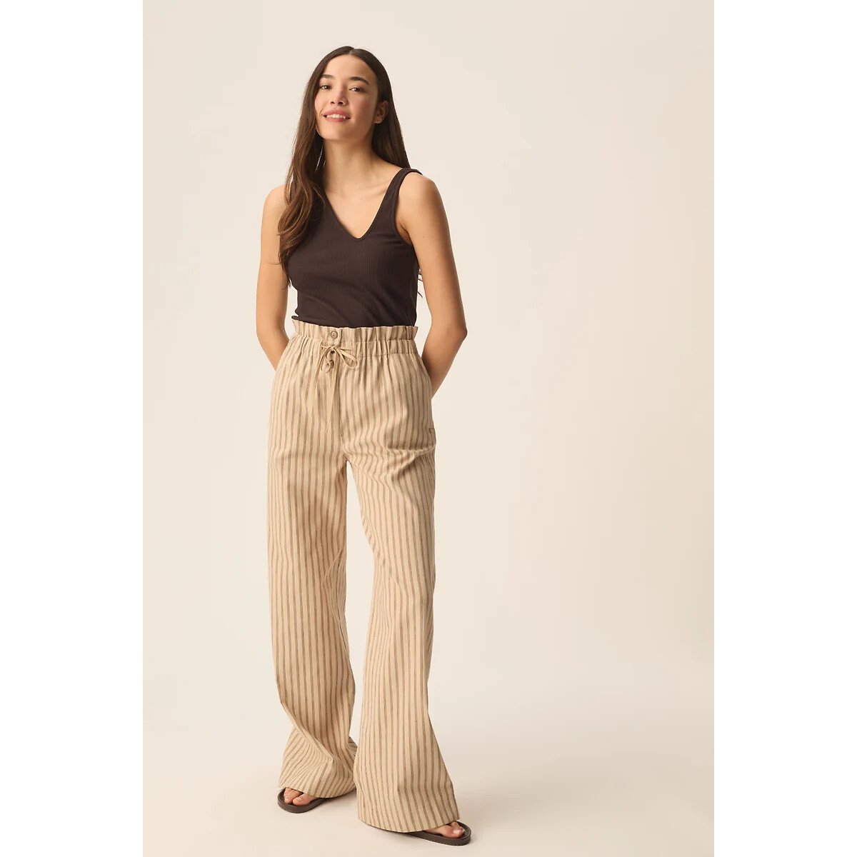 Pantalon large rayé, VALENCE beige, DES PETITS HAUTS
