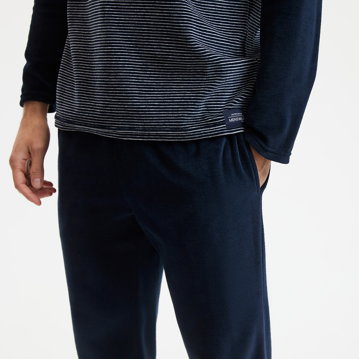 Pyjama en velours bleu marine rayé blanc, LA REDOUTE COLLECTIONS