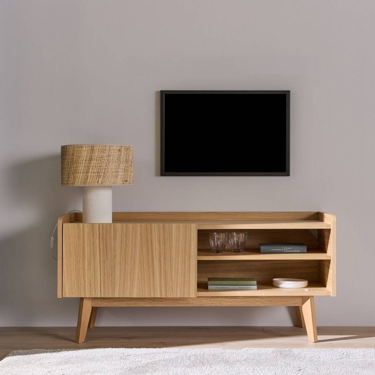 Meuble TV avec porte et niche bois - AGATHA bois clair, CAMIF
