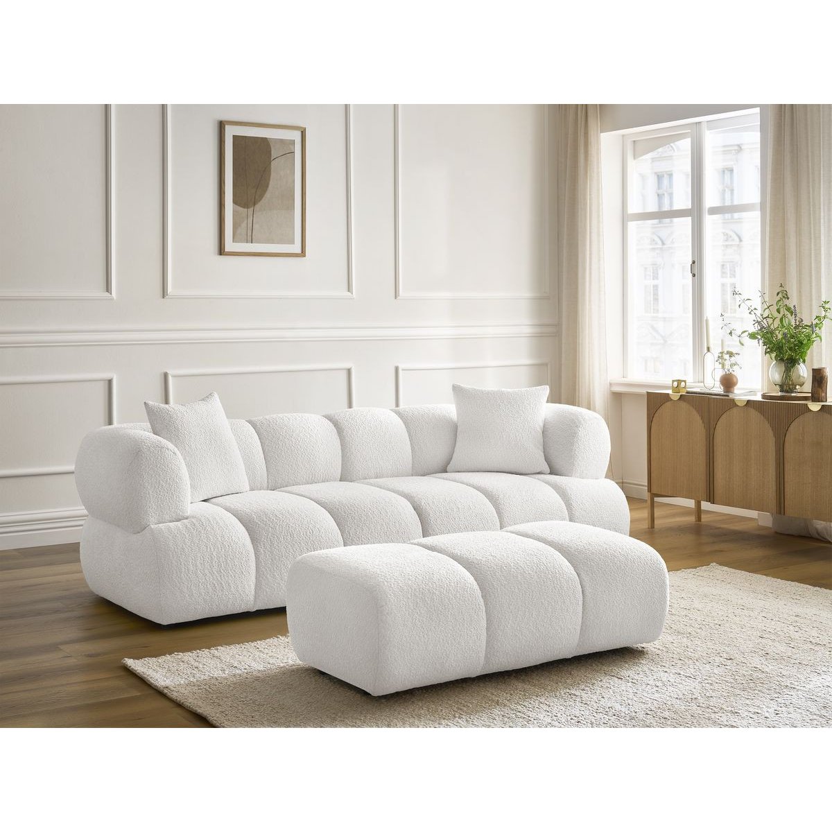 Canapé droit fixe 3 places en tissu bouclette avec pouf, PAMIRA blanc, BOBOCHIC