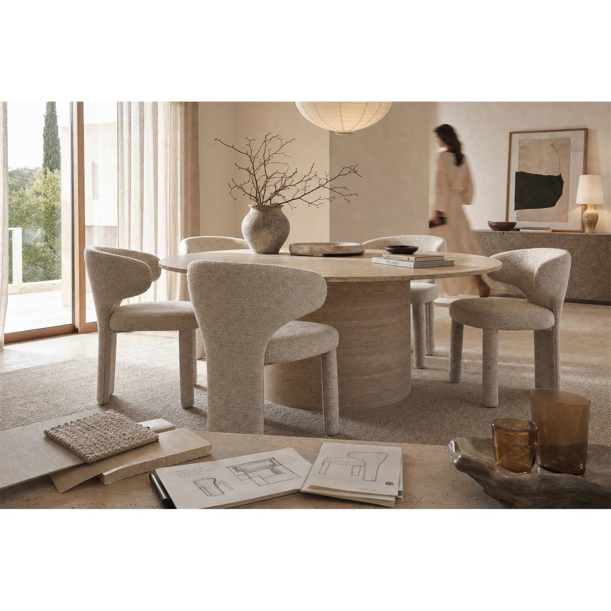 Chaise de repas en tissu texturé naturel linéaire, RECOLLECTION