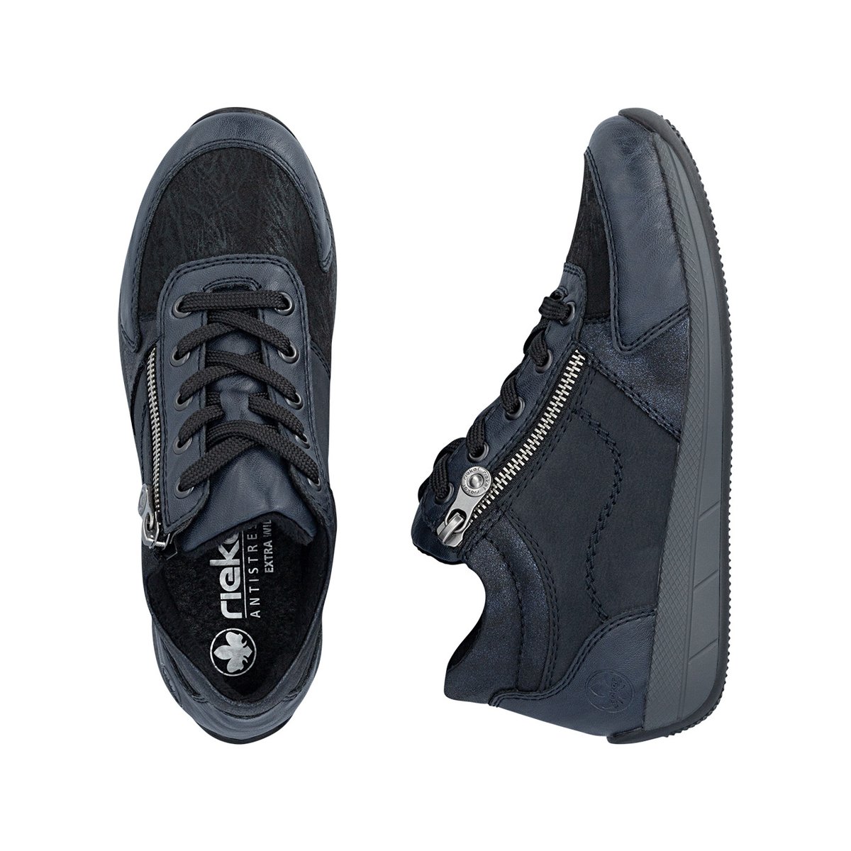Sneakers bleu marine à talon plat pourvues de lacets et d'un zip bleu foncé, RIEKER