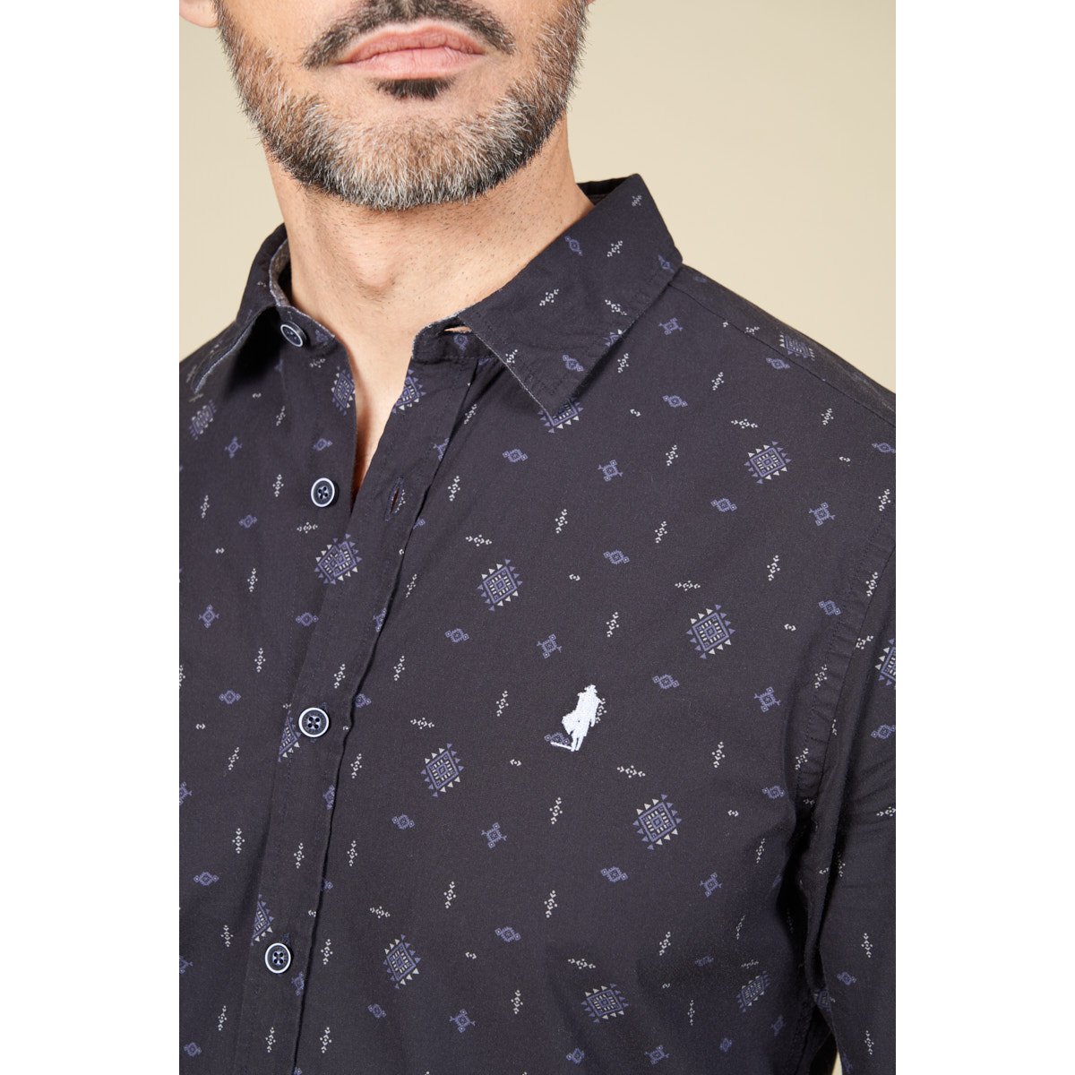 Chemise imprimée losanges éthniques bleu marine, MCS