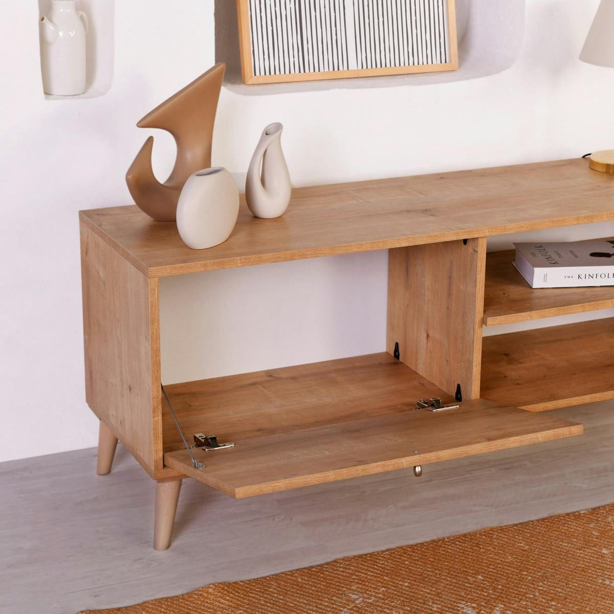 Meuble TV bohème avec porte tissu toile jute MARFA bois naturel, PIER IMPORT